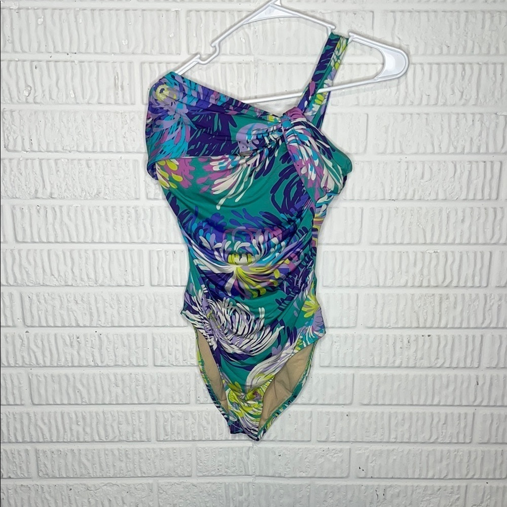 Garnet Hill Teal Floral One-Piece Swimsuit with Purple & Yellow Accents